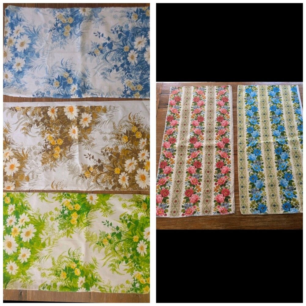 Vtg Retro 70s Fabric Cotton Mod Floral Stripes Daisy Multi MCM 5 Samples 29"x15"
